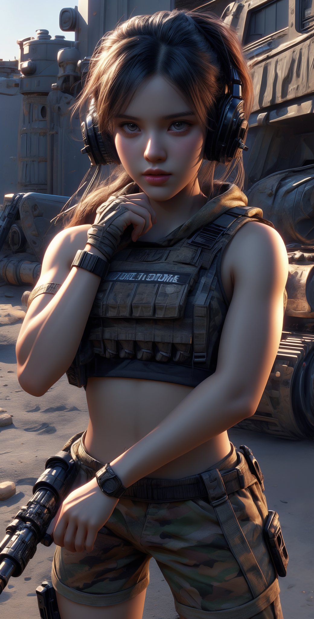 1 beautiful female soldier, wearing communication headphones, young female soldier, girl sniper with small automatic rifle, futuristic combat gear, wearing military camouflage crop top, big breasts, navel, military shorts, thighs, cool action pose, wearing tactical gear with ammunition, cowboy gets shot, inside abandoned city in desert after battle,Taskforce,cameltoe, Glamor body type,  blushed face:0.7),((nervous and embarrassed)), sharp-focus,  beauty mix,  FilmGirl, film grain, detailed fingers, beautiful and aesthetic, masterpiece, high contrast,  bokeh:1.2,  lens flare,  (vibrant color:1.4), (muted colors,  cinematic lighting,  ambient lighting,  side lighting,  Exquisite details and textures, cinematic shot, perfect tone,  (Bright and intense:1.2),  wide shot, (full-body view:1.5), (smile expression:1.3),ultra-realistic illustration, Siena natural ratio,  Best Quality,  photorealistic,  ultra-detailed,  finely detailed,  high resolution,  perfect dynamic composition,official art, digital illustration, best studio quality, 64k UHD, octane render, sharp focus, smooth rhythm