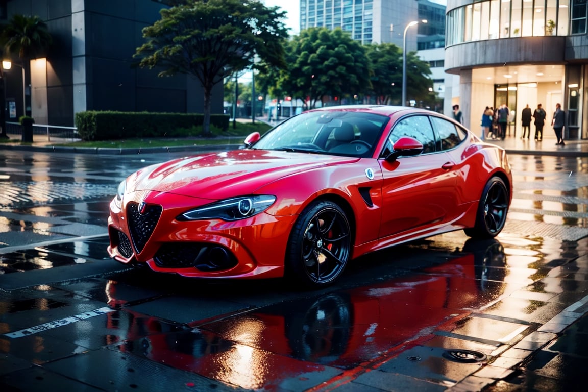 aesthetic photo of Alfa Romeo GTV6, in motion, perfect lighting, miami, high detailed, epic, motion blur, 8K UHD, raining, at night, neons, light reflecting on car