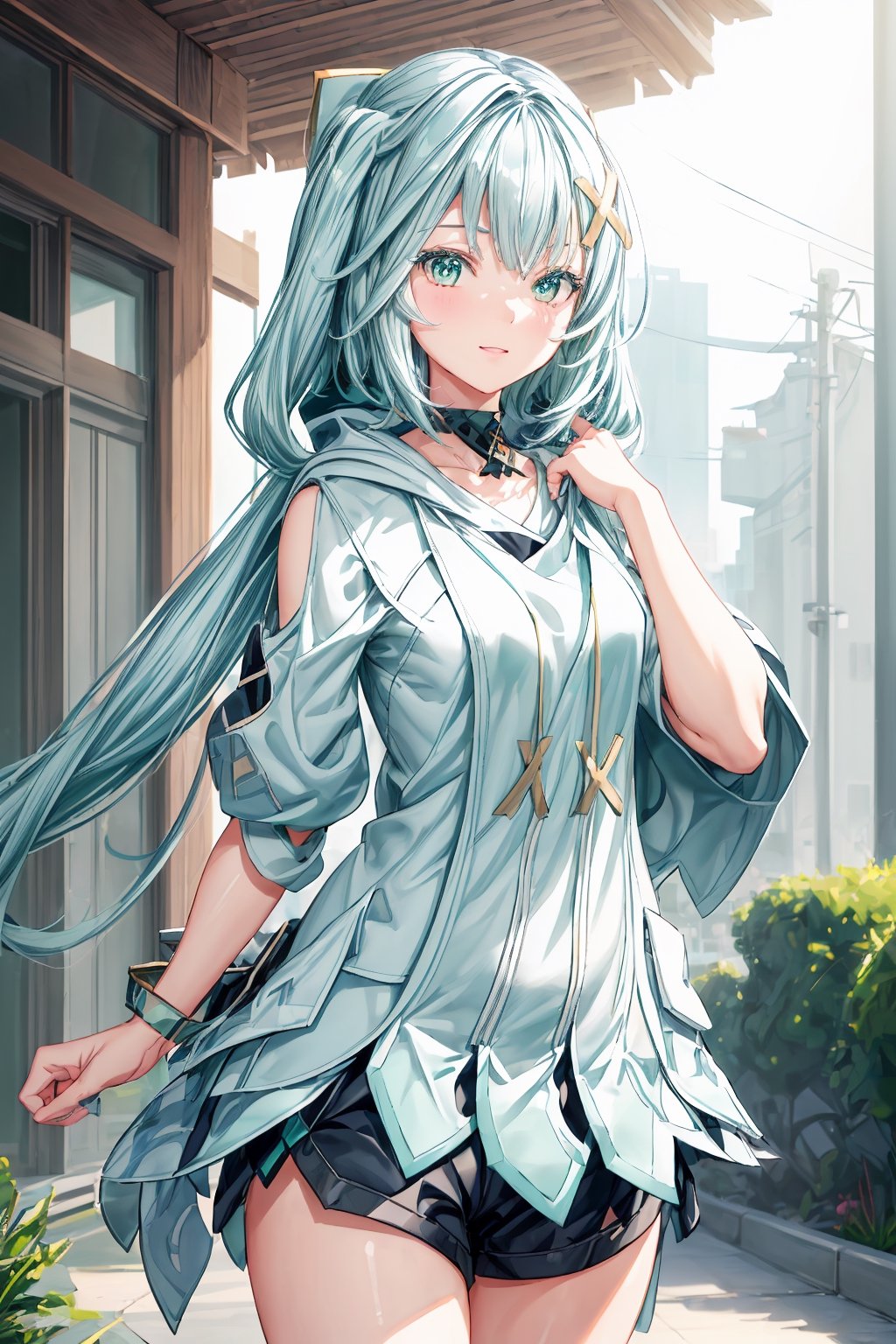 1 girl, faruzandef, beautiful smile, wear grey hoodie (hood down), wear shorts, outdoor, masterpiece, best quality, (extremely detailed CG unity 8k wallpaper, masterpiece, best quality, ultra-detailed, best shadow), (detailed background), portrait, High contrast, anime, FARUZANRND,FARUZANRND,perfect light