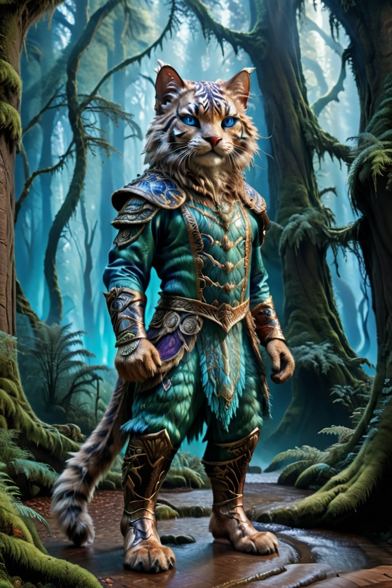 "tiger-like feline humanoid prince handsome male sleek wet furry full_body epic godlike hero character, (dreamy detailed deep_blue cat_eyes) qigong pose, regal native tribal druid silk breechcloth leggings, ornate glassy polished_burlwood enchanted armor made of natural bits, royal green blue purple hues, nature beauty waterfall mist sacred_grove moss ferns giant_redwoods dawn.”,  D&D Fantasy Rococo Art_Nouveau poster, photo award winner, intricate anime 3D painting, chiaroscuro, 14K, UHD, perfecteyes, photo r3al, Masterpiece, more detail XL, DonMG414XL, Movie Still, 