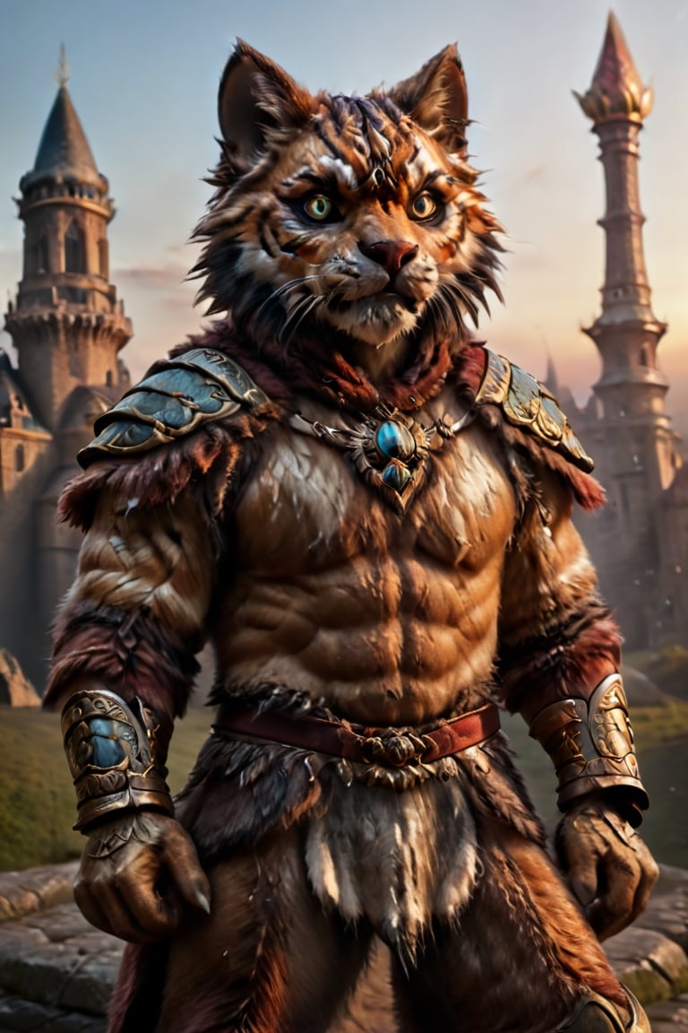 "tiger-like fenris crown prince handsome 30s male character furry body sleek hero, sword in hand, dynamic pose, ornate regal leather barbarian armor, Tygra, Thundera, Thundercat”, photo award winner, detailed anime 3D painting, saturated hues, jewel tones, epic rococo future tech D&D fantasy castles clouds sunset aura, chiaroscuro, 14K, UHD, perfecteyes, photo r3al, Masterpiece, more detail XL, DonMG414XL, Movie Still, 