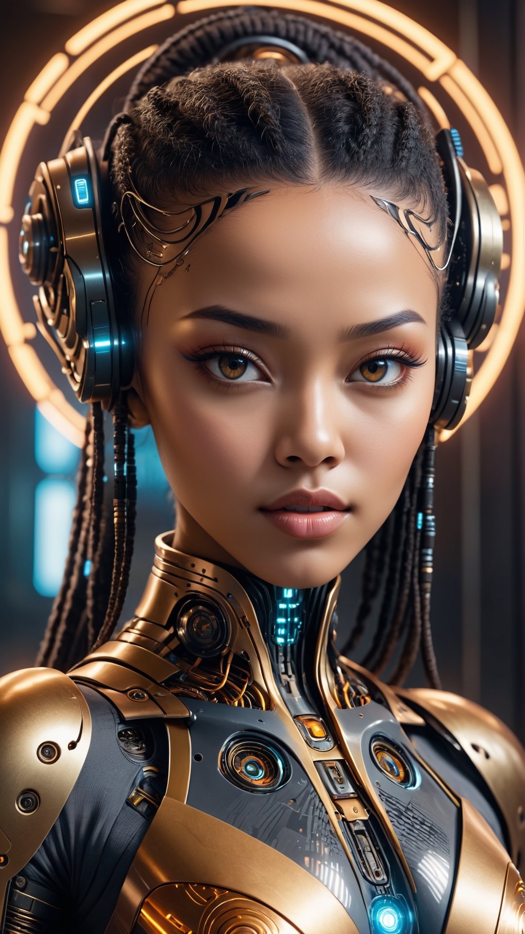 Epic Heroic Movie Poster Portrait of the Goddess of Information Technology and Artificial Intelligence, cybernetically wired into the internet of all things, universal knowledge of past present and future, beautiful Afro-asian face, young Polynesian woman model, gorgeous, photorealistic, futuristic surrealism, maximalist, natural transgender beauty, smooth translucent skin, hyper detailed, centered, symmetrical, golden ratio, fractal background matrix, epic, vibrant, fantasy science fiction style, matte digital painting movie poster, neon fiber optics, platinum, obsidian, jade, sapphire, attractive, ethereal, vivid colors, LEDs, cyberpunk, hacker, the Akashic records, Blade Runner, The Matrix, Neuromancer, art style of Sakura, sharp focus, masterpiece, Mucha, intricate eyes, retrofuturism style, intricate details, ominous, intricate, production cinematic character render, ultra high quality model, in the midst of a cinematic cyberpunk fantasy circuit board and fiber optic wire backdrop, "Craft an image of a cybernetic Hi-Tech glowing glassy creature in a menacing, purple and gold-lit cyberpunk landscape." Challenge artists to infuse the model with a deadly and ominous allure, emphasizing its glowing red glassy connections. Explore intricate details of the cybernetic design against the backdrop of a futuristic and eerie environment, creating a masterpiece