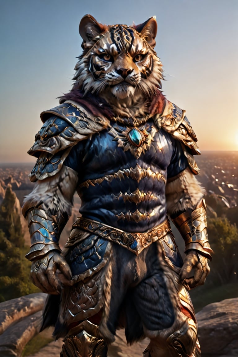 "tiger-like fenris crown prince handsome male humaniod character furry body sleek hero, dynamic pose, ornate regal mage armor”, photo award winner, detailed anime 3D painting, saturated jewel hues, ancient far_future epic rococo D&D fantasy paradise sunset godlike aura, chiaroscuro, 14K, UHD, perfecteyes, photo r3al, Masterpiece, more detail XL, DonMG414XL, Movie Still,