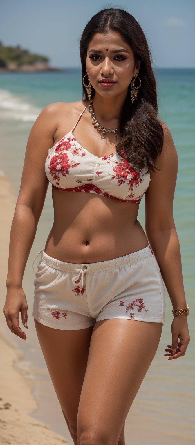 a village girl in beautiful ((real)), ware cherry print (white and red)shorts jence and t-shirt, perfect body shape, fatty body, long face, young lady, perfect tan skin, glowing and very smooth skin, Full body, wide waist , big hip,Extremely Realistic, wide waist , big hip, Sexy Bengali Married Woman, Intricate, 8k, HDR, Masterpiece, Cinematic Lighting, Sharp Focus, Cheek Make Up, Eyelid Make Up, Eyeliner, Mascara, Glossy Lips, super alluring eyes, bronze long hair, vermilion on sithi, red tip, perfect, smooth realistic skin, fatty waist, slim legs, athletic body, deep navel, Masterpiece, Photorealistic, Best Quality, Detailed Skin, Intricate, 8k, HDR, Masterpiece, Cinematic Lighting, high-heels, earrings, necklaces ,walking on sea beach, appart legs,  photo r3al,photorealistic