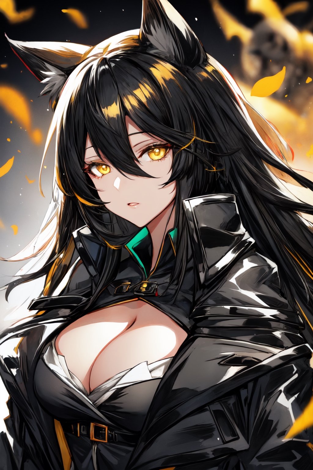 mature female,black coat draped over shoulders,yellow highlights on coat,light glowing from yellow eyes,1 girl,black hair, hair yellow highlights,ramlethal valentine