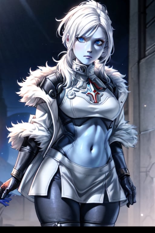 Mara sov, destiny 2,Mature Female,1girl, only 2 arms  , analog,realism, awoken ,analog,light blue skin,blue eyes,bungie, mara sov face, bust,short-hair,white hair,feathered_hair, short ponytail, cropped jacket,fur on collar of jacket,black body suit,military gear,blue skin,