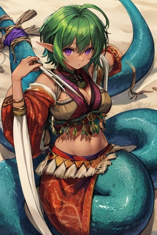 solo female,middle aged female,tan skin,short green hair,purple eyes,Lamiapgr,lamia,tribal outfit,longbow on back,quiver on back,