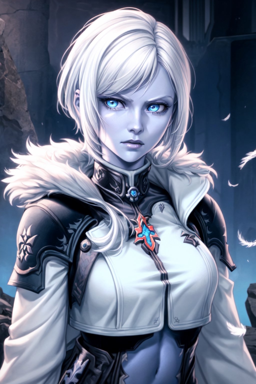 Mara sov, destiny 2,Mature Female,1girl, only 2 arms  , analog,realism, awoken ,analog,light blue skin,blue eyes,bungie, mara sov face, bust,short-hair,white hair,feathered_hair, cropped jacket,fur on collar of jacket,black body suit 