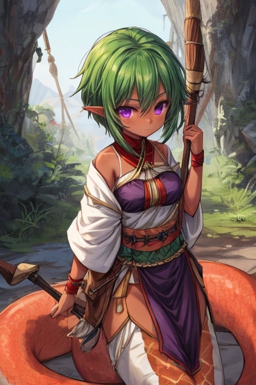 solo female,middle aged female,tan skin,short green hair,purple eyes,Lamiapgr,lamia,tribe outfit,longbow on back,quiver on back,