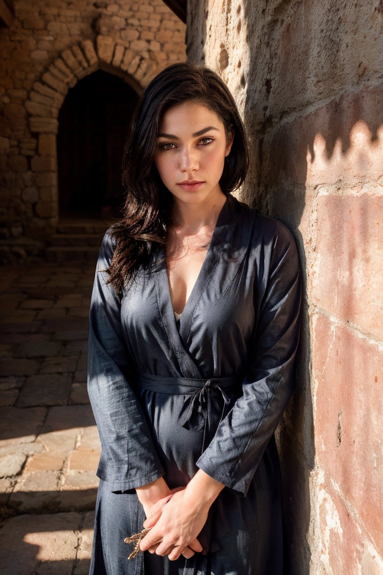 Early 11th century, medieval Spain, a stunning and beautiful model hides in a dark, shadowy corner, his form partially concealed as she blends into the dim surroundings. Dressed in traditional robes, her eyes watch intently from beneath a hood, her expression unreadable, adding an air of intrigue and silent danger. The atmosphere is tense and foreboding, with only a faint light casting long shadows, enhancing the mystery of her presence. Great details, high quality photo, 8K, photo taken in the style of Canon EOS R5 F2 ISO30 89mm, accent lighting, global illumination, uplight, blurry
