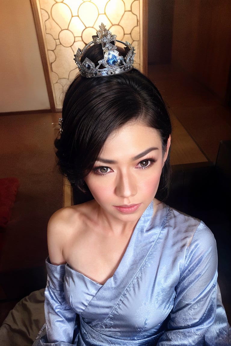 A stunning and beautiful japanese Medieval Princess, open eyes, perfect and detailed face, skin and body, wearing a large elegant and stunning crown on her head, caught in a dramatic Neo-Noir Chiaroscuro scene, with stark contrasts between deep shadows and piercing highlights. Incorporate elements of smoky Castle chamber and a single accent of sapphire blue for maximum impact.
