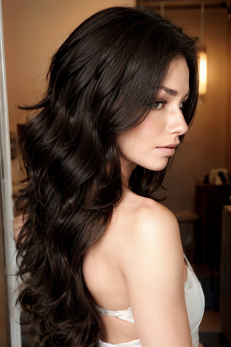 Long-length haircut with large, pronounced layers only at the top and around the face, featuring voluminous, wavy hair cascading down to the mid-back. The top and face-framing layers are short and bold, creating visible steps, while the rest of the hair remains long and flowing with soft, natural waves. The hair length extends to the mid-back, with a textured finish and subtle highlights that add dimension. This is a long hairstyle with dramatic layers at the top and around the face, while the rest of the hair flows naturally in long waves.
.Camera: Fujifilm GFX 50S Lighting: Reflector Photographer: Steven Klein Photo Concept: Edgy and Raw
