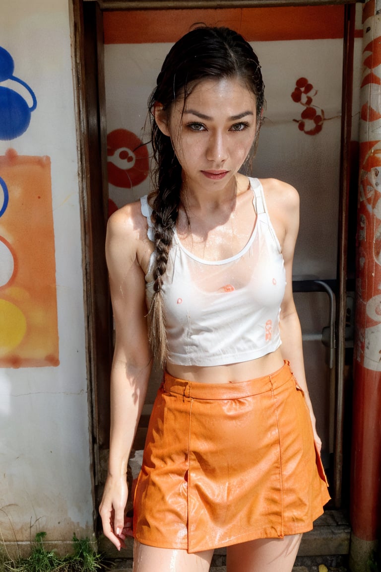 cinematic and film shot of a stunning and beautiful Japanese Model, wet, long, braided blond hair, wearing an orange skirt, extremely wet and sweaty skin and body, posing in front of the Japanese store with lots of Japanese Graffiti
