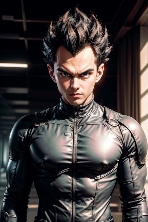 Vegeta short hair, black suites, leather_hightech_robotics, high quality, photorealistic, realistic, ((masterpiece)), photostudio, High detailed, leather material in some parts, blurry_light_background, background of the image should be a blend of modern and traditional elements, reflecting the world's unique fusion of ancient and contemporary settings. The atmosphere should capture essence, balancing his calm and cool demeanor with his undeniable strength and wisdom.", photographic super realistic masterpiece 4K HDR quality image, mech4rmor