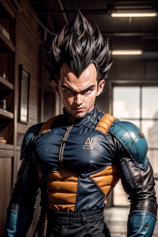 Vegeta shirt hair, black suites, leather_hightech_robotics, high quality, photorealistic, realistic, ((masterpiece)), photostudio, High detailed, leather material in some parts, blurry_light_background, background of the image should be a blend of modern and traditional elements, reflecting the world's unique fusion of ancient and contemporary settings. The atmosphere should capture essence, balancing his calm and cool demeanor with his undeniable strength and wisdom.", photographic super realistic masterpiece 4K HDR quality image, mech4rmor