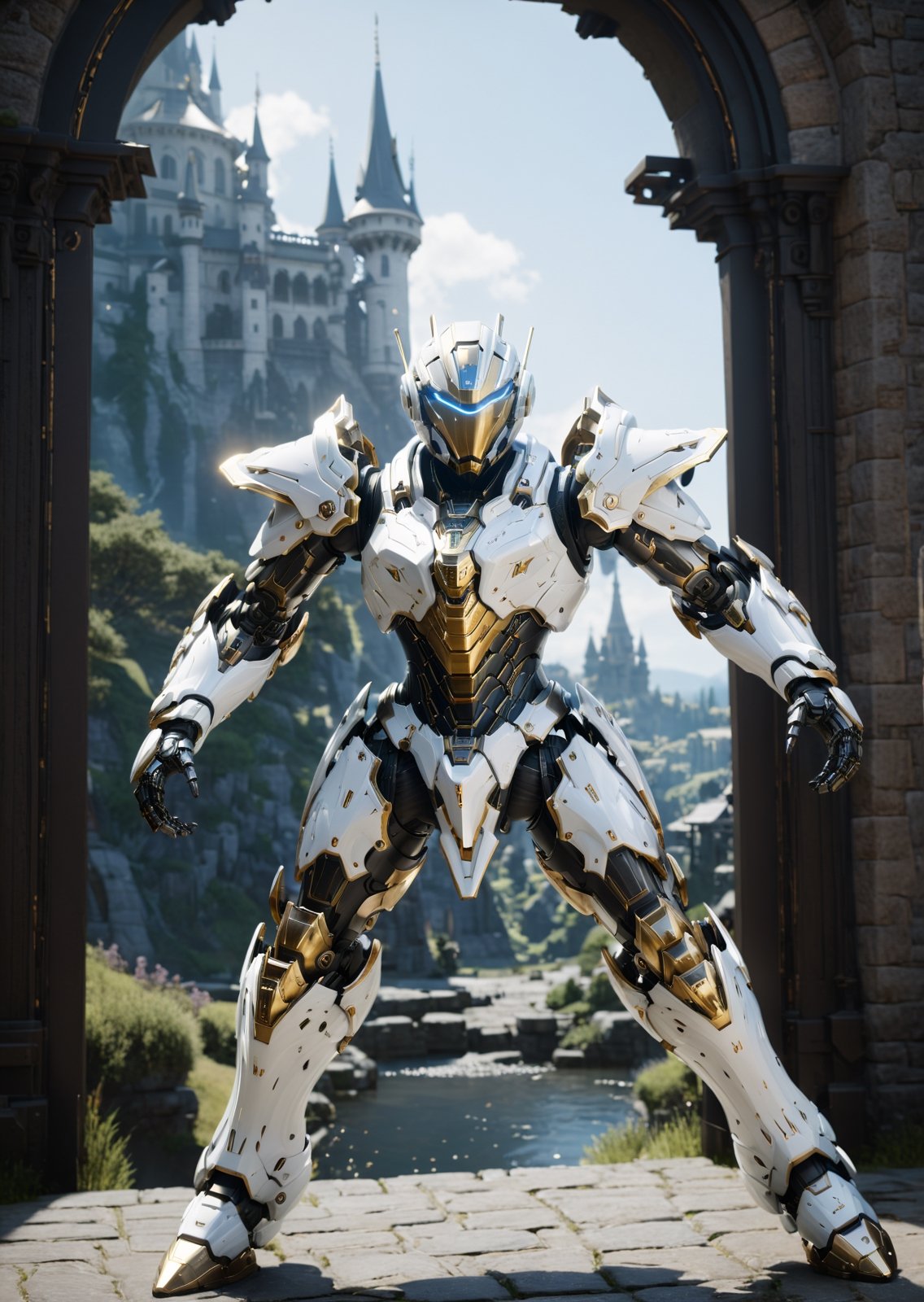 wide-shot, full body, action shot, action fight pose, blured action, fight sequence,  a mecha robot, warframe, full robot frame, Silhouette Knights character design, white metal with gold trim, hard surface, real-time, vfx, volumetric lighting, medieval castle scenery fantasy world isekai, ambient light, depth of field background zoom, ultra detailed, aesthetic, masterpiece, best quality, hyperrealistic and intricate detail, low ambient