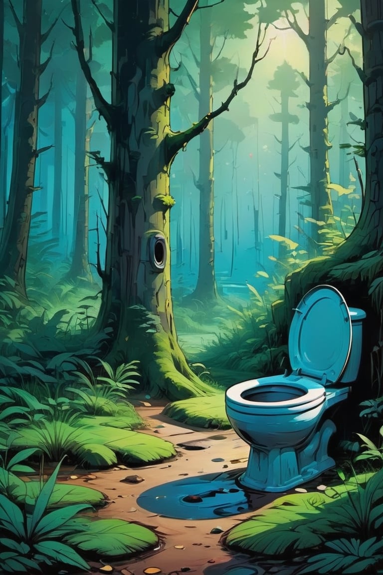 painting with visible brush strokes. a lone toilet in a mystical forest. comic style.