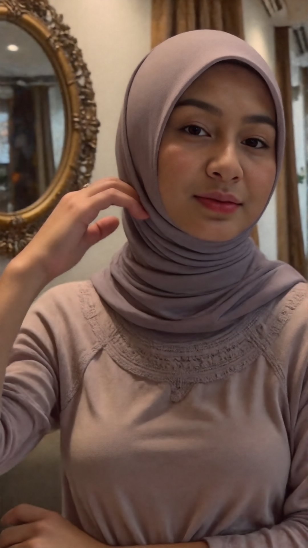 A sophisticated hijabi woman stands near an ornate mirror,  adjusting her satin hijab with delicate fingers. She wears a f...