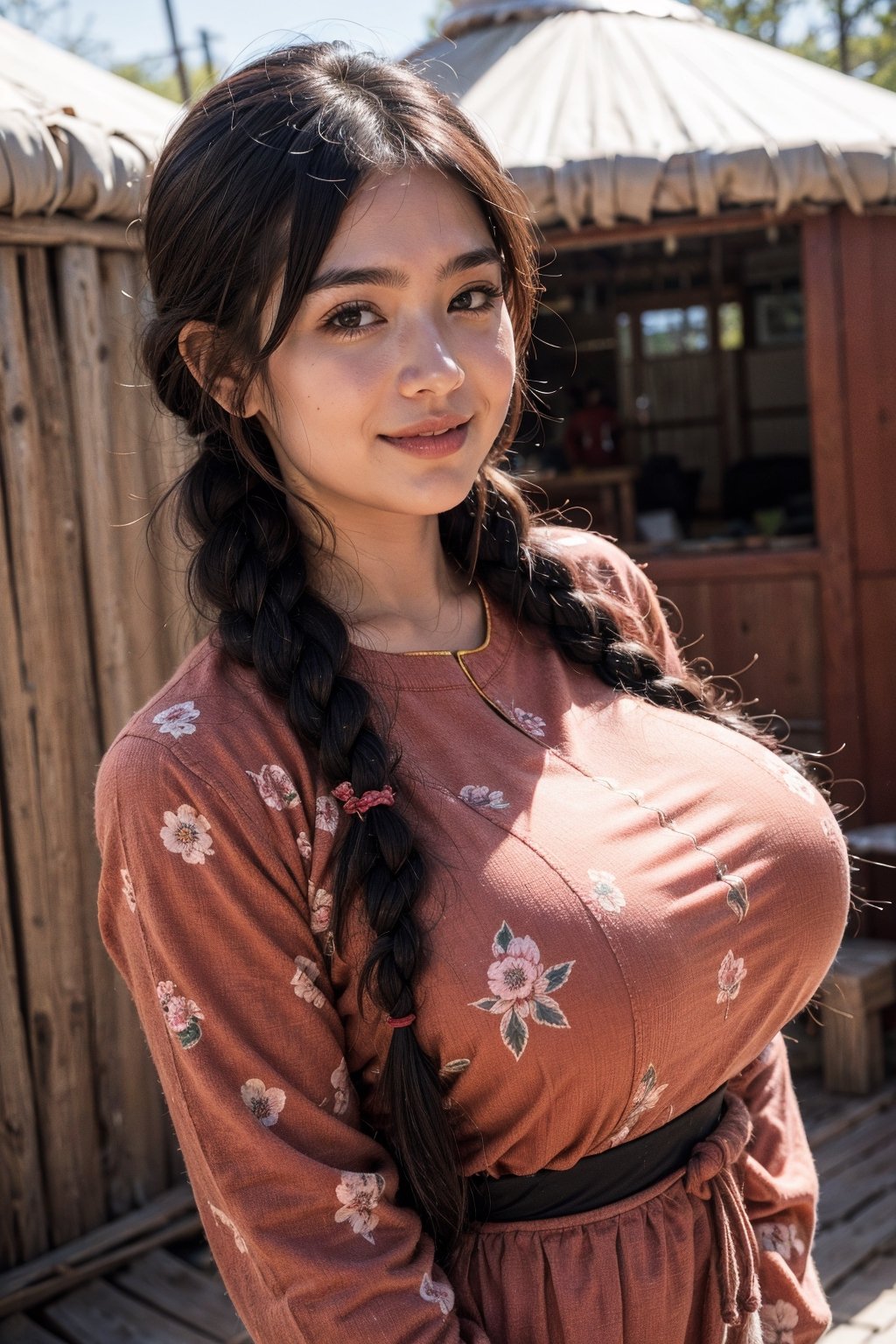 a beautiful traditional ancient portrait of a young attractive asian woman, high resolution image, fair skin, (twin black braided hair), round face, (red rosy cheeks), chubby, plump, female model wearing (traditional tibetan clothing, floral pattern), big breasts, thick arms, female model with a relaxed pose, many mongolian yurts in the steppes, next to a horse in the steppes, Detailedface,realhands,More Detail,BreastPit, warm smile, lower body shot