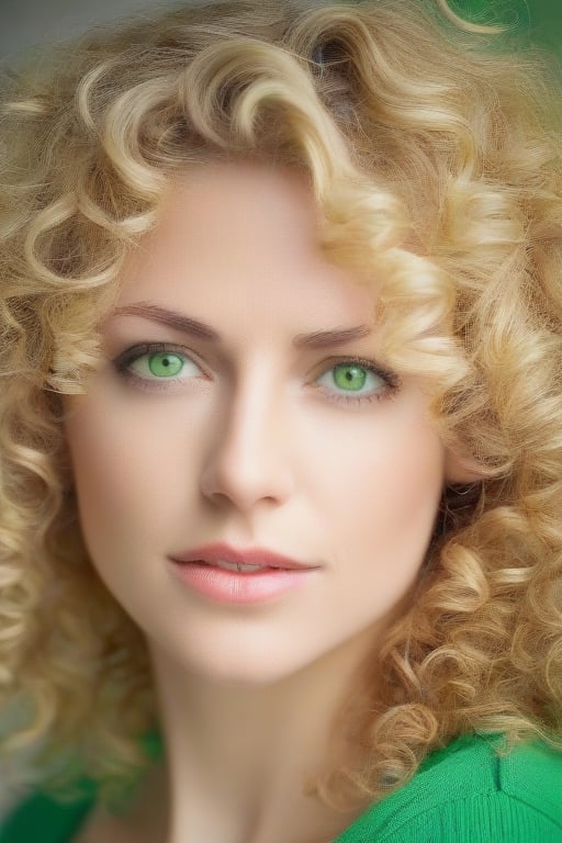 a womans face, beautiful, 28 years old, blond_hair, curly_hair, green-eyes

