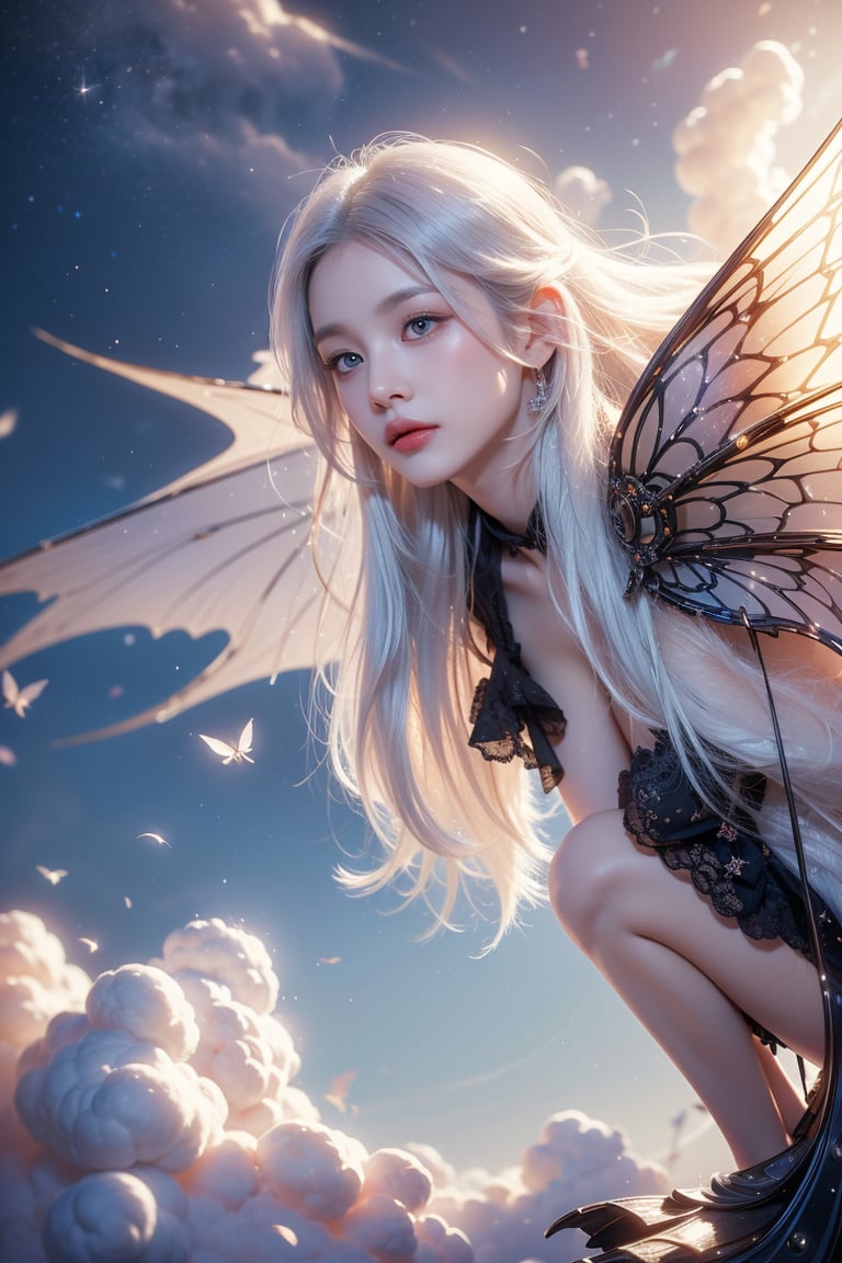 ((best quality)), ((masterpiece)), (detailed), alluring succubus, ethereal beauty,((white hair)),((hime cut))perched on a cloud, (fantasy illustration:1.3), enchanting gaze, captivating pose, delicate wings, otherworldly charm, mystical sky, (Luis Royo:1.2), (Yoshitaka Amano:1.1), moonlit night, soft colors, (detailed cloudscape:1.3), (high-resolution:1.2),Enhance