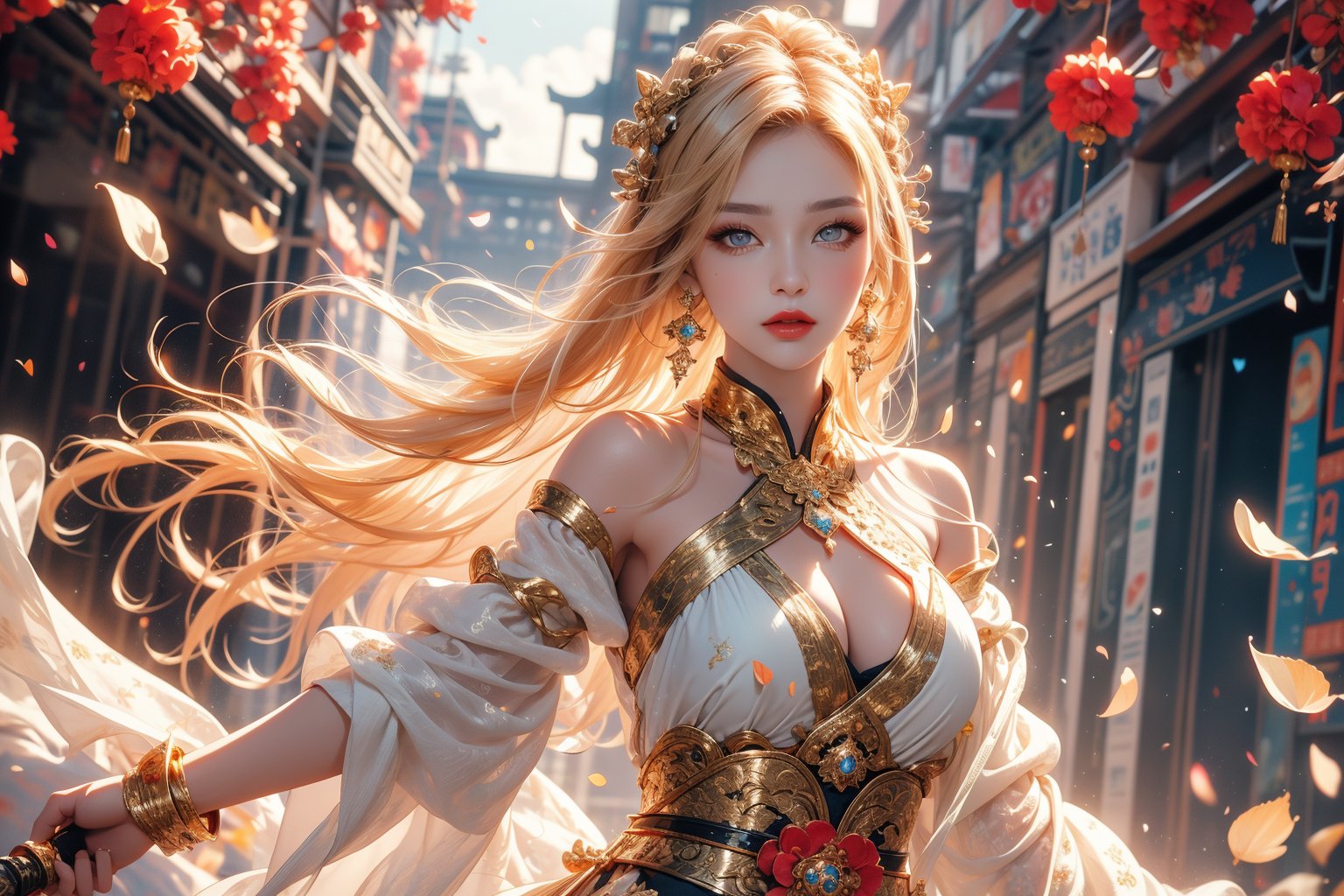 1girl, 23 year old Taiwanese beauty solo, long hair, ((gold hair)), Animation game art style, game CG picture, a girl looks at the camera,  with a graceful and elegant posture, stretching out her right hand to perform mystical arts, , perfect body, perfect legs, white dress, holding, jewelry, upper body, weapon, flower, earrings, sword, water, holding weapon, white dress, tree, petals, holding sword, chinese clothes,  beautiful sky  background ,flowers 