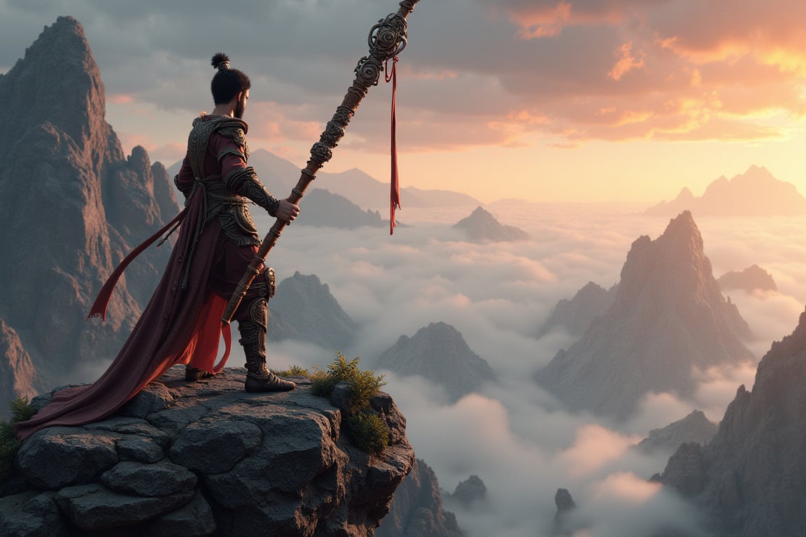 Wukong wields the mythic long staff weapon carved with ancient patterns, standing on top of mountain, cinematic, epic, radiating lights of various colors, Huaguoshan