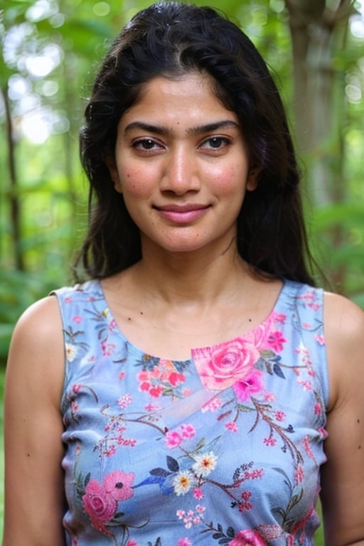 A photo of a pretty woman with long hair, bored, She wears a sleeveless blouse with colorful patterns, armpits, closeup portrait, 85mm lens, (analog, cinematic, film grain:1.3), (walking on a forest trail), ((detailed eyes)), (epicPhoto), (color picture:1.1), makeup, (looking at viewer),SaiPallavi 