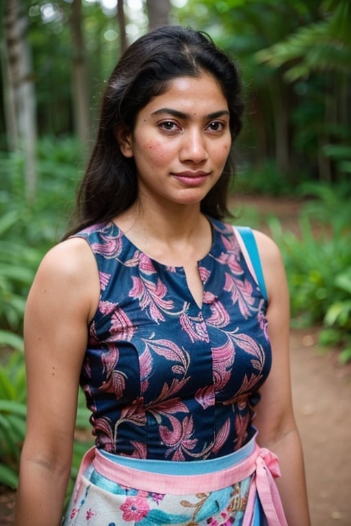 A photo of a pretty woman with long hair, bored, She wears a sleeveless blouse with colorful patterns, armpits, closeup portrait, 85mm lens, (analog, cinematic, film grain:1.3), (walking on a forest trail), ((detailed eyes)), (epicPhoto), (color picture:1.1), makeup, (looking at viewer),SaiPallavi 