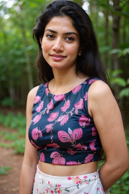 A photo of a pretty woman with long hair, bored, She wears a sleeveless blouse with colorful patterns, armpits, closeup portrait, 85mm lens, (analog, cinematic, film grain:1.3), (walking on a forest trail), ((detailed eyes)), (epicPhoto), (color picture:1.1), makeup, (looking at viewer),SaiPallavi 