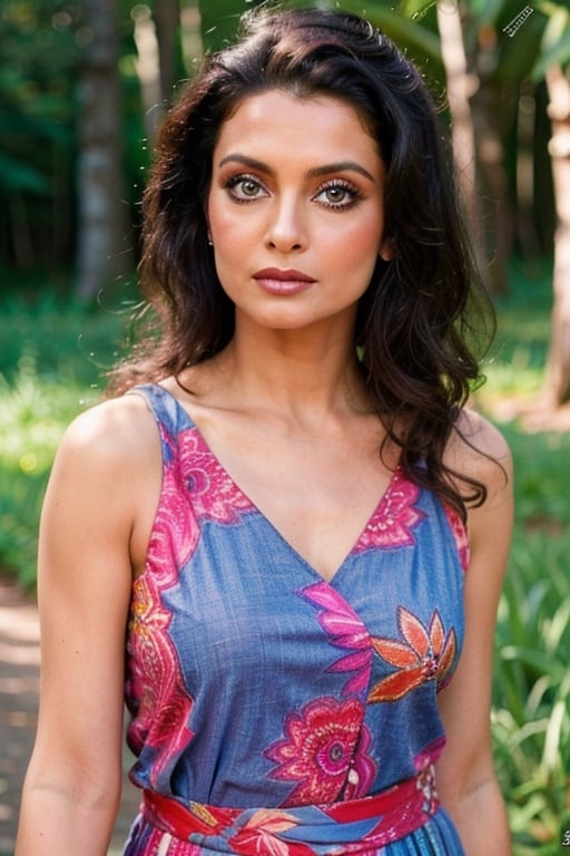 A photo of a pretty woman with long hair, bored, She wears a sleeveless blouse with colorful patterns, armpits, closeup portrait, 85mm lens, (analog, cinematic, film grain:1.3), (walking on a forest trail), ((detailed eyes)), (epicPhoto), (color picture:1.1), makeup, (looking at viewer)