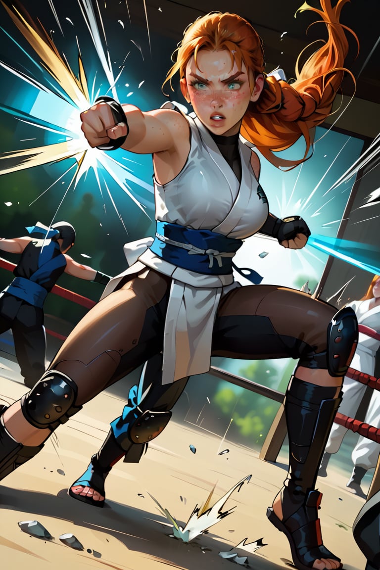 18 year old Russian named Joanna, large breasts, slender fit body, slim fit body, freckles, detailed picture, ginger hair, hairstyle, blue perfect yes,  (beautiful detailed eyes), BREAK A young Russian woman in rage fights against ninjas using her martial arts, under an intense rain, dramatic scene, full body view, action pose, fighting a ninja, fight, ninja fight, dynamic view, dutch_angle, ninja, ninja outfit, hardcore fight, 1girl, 1Ninja, 1 boy 