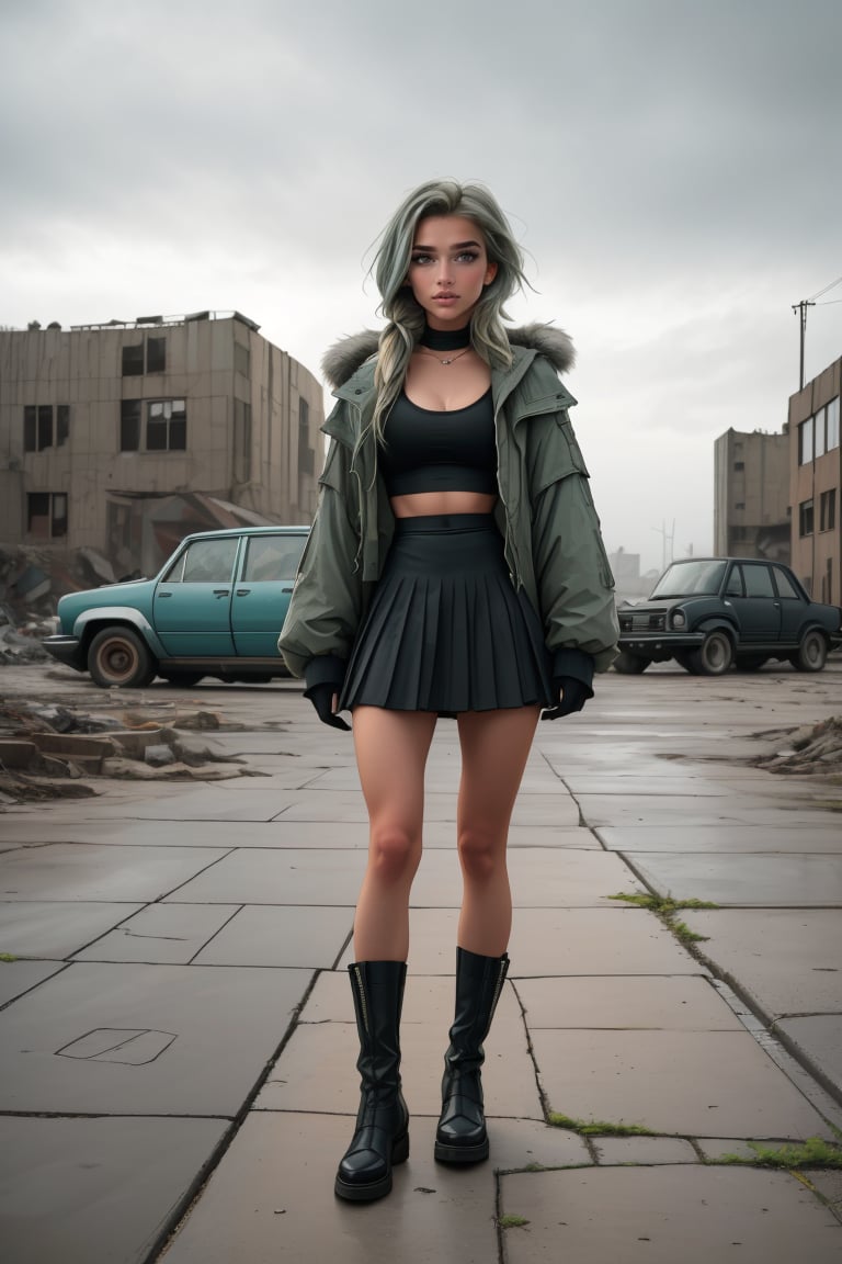 19 year old Russian girl, named Sophie slender fit body, fit body, slim body, ((long blonde hair), blue shape eyes,medium breast, fit body, teen girl, full body, 19 years old, (masterpiece),{{full body portrait}}, A lonely 18yr old girl in a nuclear wasteland. Wearing a dark grey low rise miniskirt, low waist miniskirt, {{chunky knit croptop cleavage sweater}} and long military parka, {{{exposed tummy and cleavage}}}, showing lots of thigh, bare legs, combat boots. faded green hair in twin pigtails, smudged dark gothic eye makeup. Concrete wall with Graffiti, The once thriving city now lies in ruins, with crumbling buildings and abandoned vehicles scattered amidst the desolation. Nature has started to reclaim the territory, with ((plants growing through cracks in the concrete)). The atmosphere is eerie, with a sense of loneliness and despair hanging in the air. The scene is bathed in a dark and moody light, emphasizing the post-apocalyptic setting. The girl's expression reflects her loneliness and the weight of the world she carries on her shoulders. The colors are muted, with a desaturated and faded palette, further enhancing the desolate mood of the scene., eyeliner, eyeshadow,SAM YANG,Solo girl,furiosaimp,1girl,DonMW4573L4nd