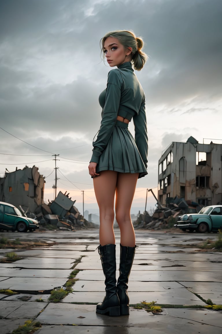 19 year old Russian girl, named Sophie slender fit body, fit body, slim body, ((long blonde hair), blue shape eyes,medium breast, fit body, teen girl, full body, 19 years old, (masterpiece),{{full body portrait}}, A lonely 18yr old girl in a nuclear wasteland. Wearing a dark grey low rise miniskirt, low waist miniskirt, {{chunky knit croptop cleavage sweater}} and long military parka, {{{exposed tummy and cleavage}}}, showing lots of thigh, bare legs, combat boots. faded green hair in twin pigtails, smudged dark gothic eye makeup. Concrete wall with Graffiti, The once thriving city now lies in ruins, with crumbling buildings and abandoned vehicles scattered amidst the desolation. Nature has started to reclaim the territory, with ((plants growing through cracks in the concrete)). The atmosphere is eerie, with a sense of loneliness and despair hanging in the air. The scene is bathed in a dark and moody light, emphasizing the post-apocalyptic setting. The girl's expression reflects her loneliness and the weight of the world she carries on her shoulders. The colors are muted, with a desaturated and faded palette, further enhancing the desolate mood of the scene., eyeliner, eyeshadow,SAM YANG,Solo girl,furiosaimp,1girl,DonMW4573L4nd, view from behind, back view, looking_at_viewer, looking back 