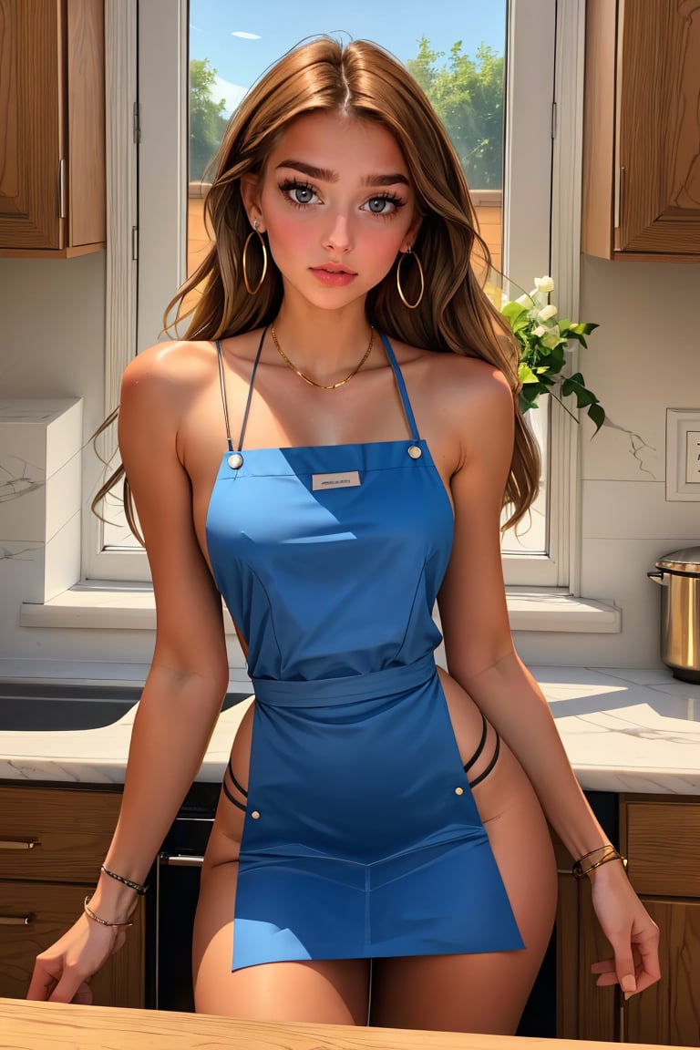 Sophie, a stunning 18-year-old Eastern girl with long, light brown hair and piercing blue eyes, poses confidently she is wearing conly an apron, the apron is very tight and expose her body, Her look is accessorized with fashion earrings and bracelets, She is leaning over to a table in a fancy modern kitchen, her butt is the focal point,  showcasing her toned physique. From a dramatic view, Sophie is inside of her kitchen, hands on hips, flaunting her slender fit body, large earrings, and gold bracelets. Her lips are full and luscious, framing her striking features beneath her bright blue eyes.
,wearing kitchen_apron,naked apron