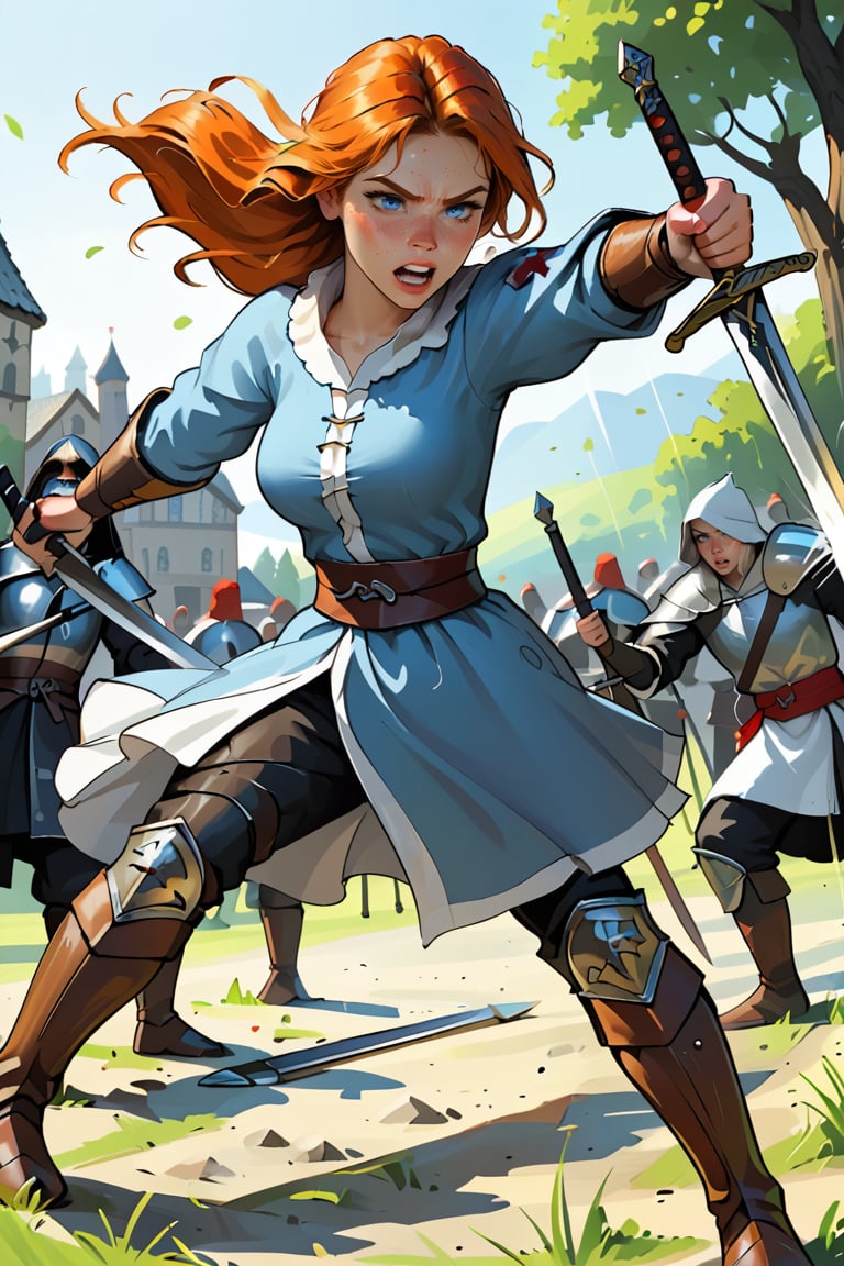 18 year old Russian named Joanna, large breasts, slender fit body, slim fit body, freckles, detailed picture, ginger hair, hairstyle, blue perfect yes,  (beautiful detailed eyes), BREAK A young Russian woman medieval warrior in rage fights against some barbarians using her long sword, under an intense rain, dramatic scene, full body view, action pose, fighting Barbarians, sword fight, Medieval fight, dynamic view, dutch_angle, ninja, Medieval outfit, hardcore fight, 1girl, barbarians, Medieval warrior,  