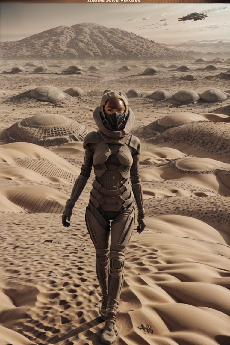 18 year old Russian girl, light brown hair girl, named Ivanna textured skin, ambient light, realistic shadows, beautiful detailed eyes, slender body, slim fit body, fit teen girl,  [[FULL BODY]], BREAK, Ivanna arrived on planet Arrakis (((DUNE))), shes wearing a stillsuit a respirator mask from Dune movie, at the background you see the arid landscape of planet Arrakis, ((Ivanna just arrived on the arid planet her spaceship crashed on the arid desert planet)), (((( RETRO DUNE MOVIE POSTER))))