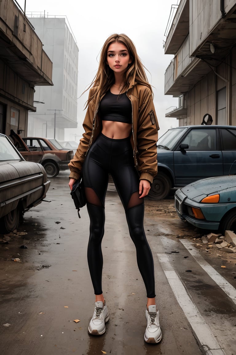 18  year old young Russian girl, named Natasha, ((long light brown hair)), blue shape eyes,medium breast, fit body, teen girl, full body, early 18 years old, slim body, slender fit body, young body figure, medium perfect breasts,(masterpiece), [[FULL BODY]], BREAK, Masterpiece, 8k, 4k, (1 girl), Dirty pretty skinny girl in a post-apocalyptic dystopian world, realistic environment, dark mood, Concept art by Soren Olsen, (natural skin texture, portrait), ripped shirt, ragged clothing, [(clean face):1.3], looking down, apocalypse, end of world, post-war, background detailed, destruction, foggy weather, sun shine, intricate details, (high definition, ultra high resolution, ultra realistic:1.1),photorealistic,post-apocalypic_fashion