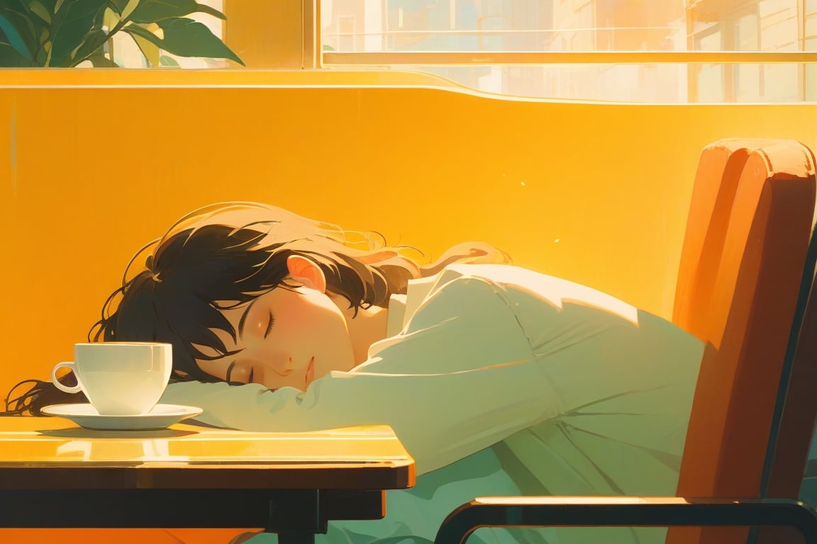 close up, a girl sleep on chair ,coffee shop, golden ratio, fake detail, trending pixiv fanbox, acrylic palette knife, style of makoto shinkai studio ghibli genshin impact james gilleard greg rutkowski chiho aoshima, lofi style,