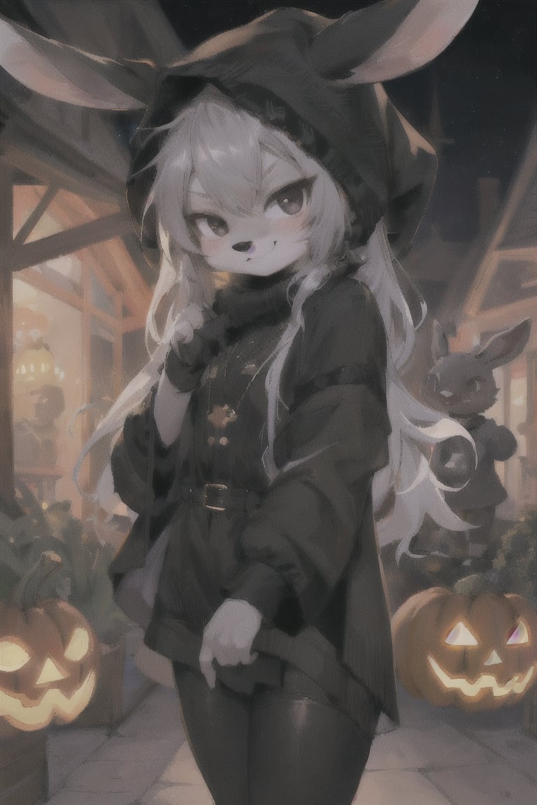 1girl, cute, rabbit furry, rabbit girl,  kemono, chibi, loli. black eyes, smirking, naughty face, bunny nose. goth girl, wearing black clothes, black head covering, hair covered, black rabbit ears, short white rabbit tail. village square at halloween, pumpkins, jack-o-lantern. 