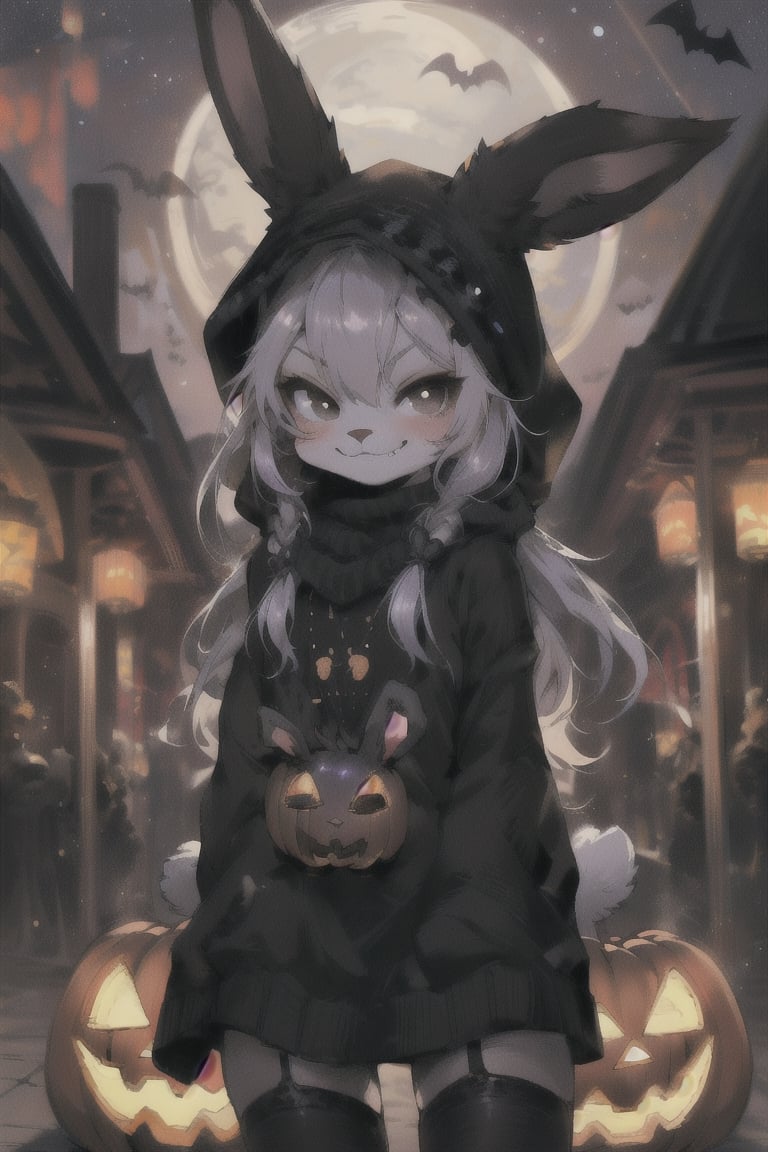 1girl, cute, rabbit furry, rabbit girl,  kemono, chibi, loli. black eyes, smirking, naughty face, bunny nose. goth girl, wearing black clothes, black head covering, hair covered, black rabbit ears, short white rabbit tail. village square at halloween, pumpkins, jack-o-lantern. 