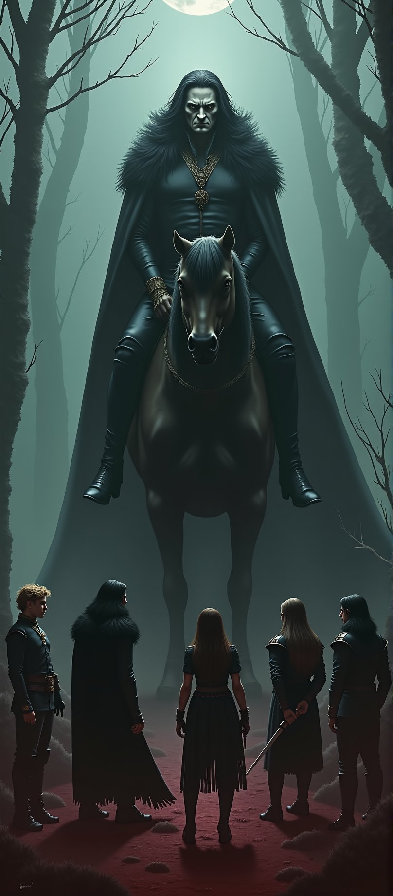 In the eerie fog-shrouded landscape of Barovia,  five men - a dashing young noble with his golden hair tousled and rapier...