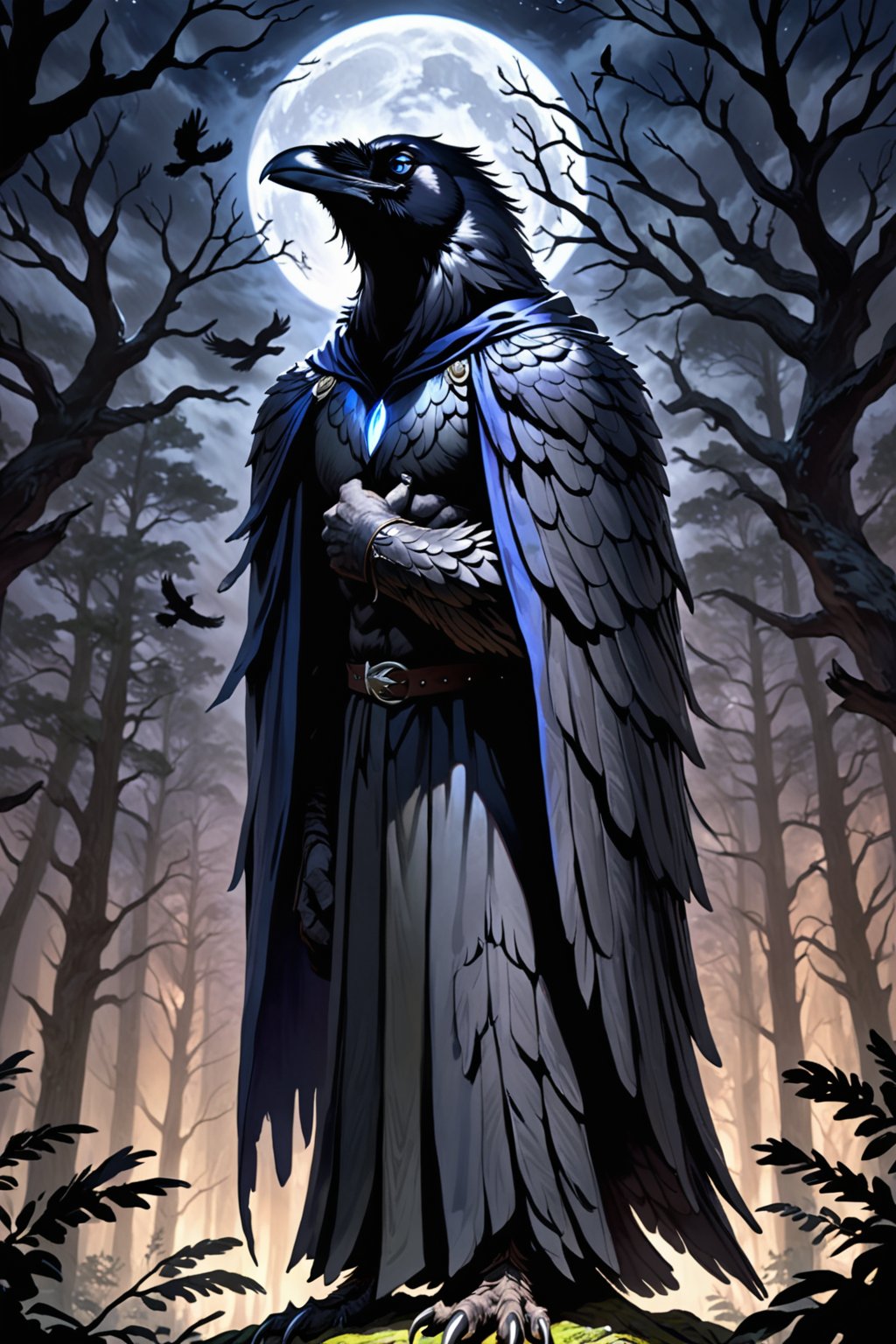 Score_9, Score_9_up,  score_8_up,  score_7_up, score_6_up, score_5_up, A majestic half-man, half-raven creature stands tall in a dark forest at night. The camera zooms in on its face, sharp focus revealing piercing bright blue eyes that seem to glow with an otherworldly intensity. Its raven-headed features are set in a determined expression, with sharp jawline and prominent cheekbones. A flowing black cloak billows behind it like a dark cloud. In the background, twisted tree branches loom large under the moonlight. Black wings sprout from its back, covered in high-detail black feathers that appear as soft as silk. Strong arms end in razor-sharp talons. The subject's grey feather beard catches the faint light, adding an air of mystique to its already formidable presence. SUPERQUALITY, black beak, (grey hair:0.7), black body, black fur, body feathers, body fur, black fur, black feathers, talons, male, masculine, ravens