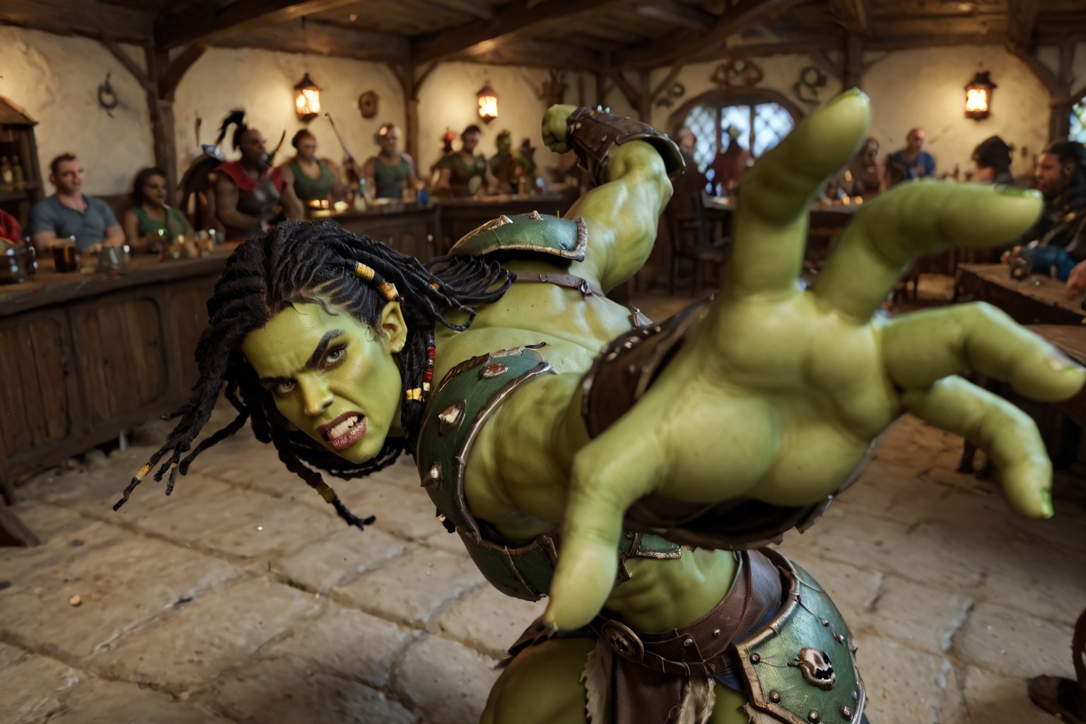 4K anime style, digital drawing mode, fantasy green skinned female orc barbarian, black hair in dreadlocks, wild green eyes, wearing primitive barbarian armor adorned with skulls and golden trubal symbols, winding back to punch the viewer, background of a fantasy tavern, green skin tone, full_body, dynamic pose, mid-punch, life size, perfect anatomy, detailed clothing and skin texture, full HD, 4K, HDR, depth of field, action shot, raised hand, IncrsPunchMeme,incoming punch, viewed_from_side , realistic, rage, angry,rage2,Expressiveh,concept art, 