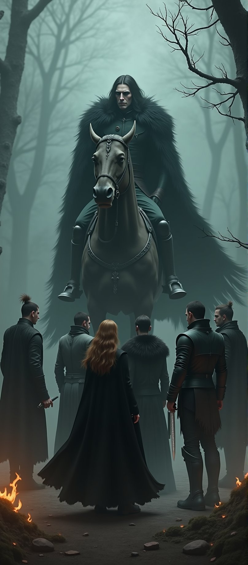 In the eerie fog-shrouded landscape of Barovia,  five men - a dashing young noble with his golden hair tousled and rapier...