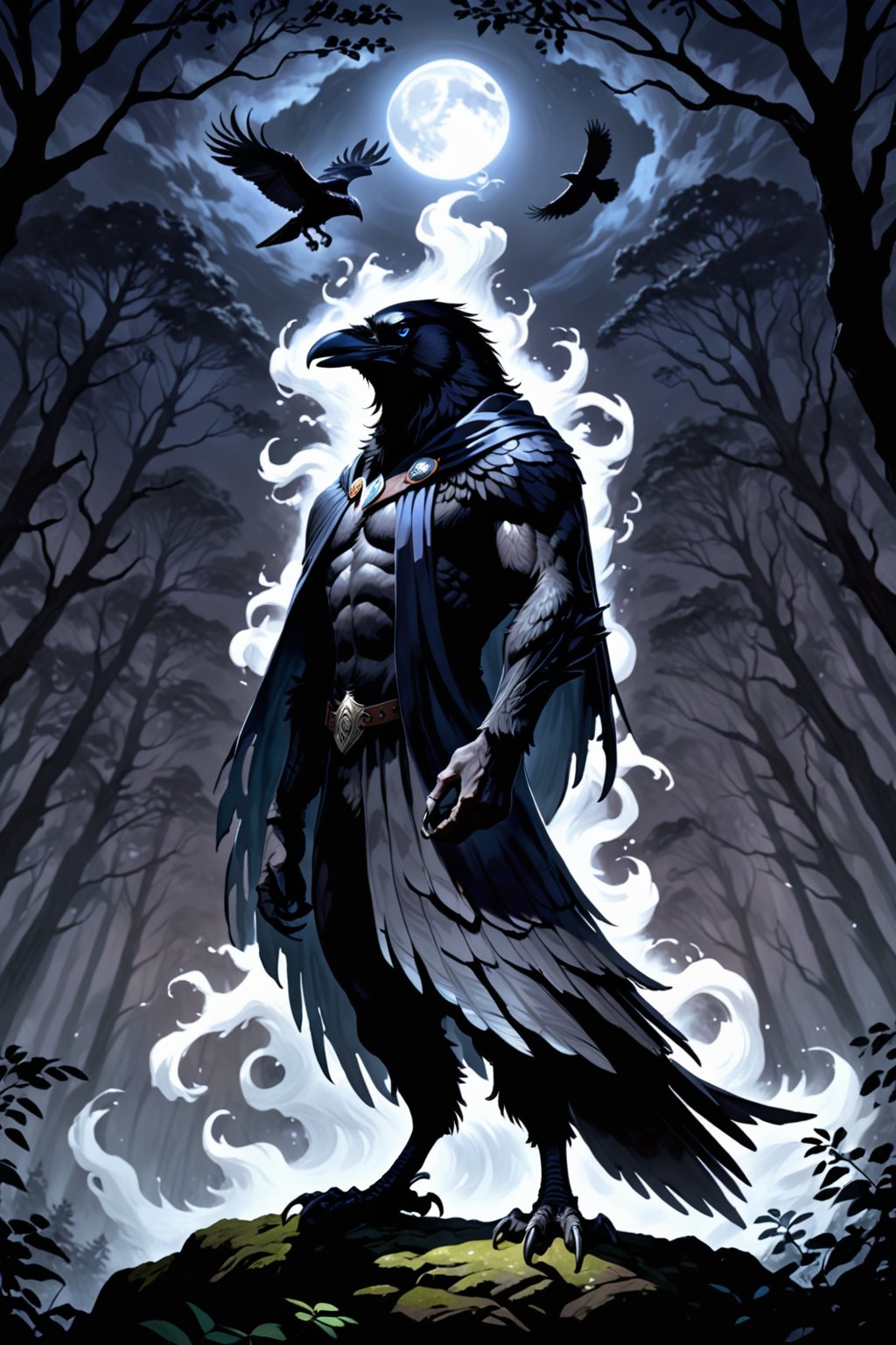 Score_9, Score_9_up,  score_8_up,  score_7_up, score_6_up, score_5_up, A majestic half-man, half-raven creature stands tall in a dark forest at night. The camera zooms in on its face, sharp focus revealing piercing bright blue eyes that seem to glow with an otherworldly intensity. Its raven-headed features are set in a determined expression, with sharp jawline and prominent cheekbones. A flowing black cloak billows behind it like a dark cloud. In the background, twisted tree branches loom large under the moonlight. Black wings sprout from its back, covered in high-detail black feathers that appear as soft as silk. Strong arms end in razor-sharp talons. The subject's grey feather beard catches the faint light, adding an air of mystique to its already formidable presence. SUPERQUALITY, black beak, (grey hair:0.7), black body, black fur, body feathers, body fur, black fur, black feathers, talons, male, masculine, ravens