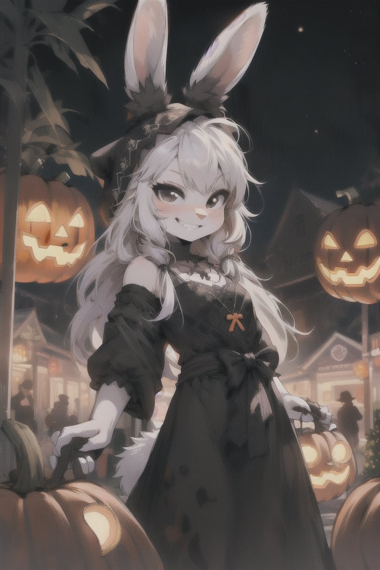 1girl, cute, rabbit furry, rabbit girl,  kemono, chibi, loli. black eyes, smirking, grinning, naughty face, bunny nose. goth girl, wearing black clothes, black head covering, hair covered, black rabbit ears, small white flufy rabbit tail. village square at halloween, pumpkins, jack-o-lantern. 