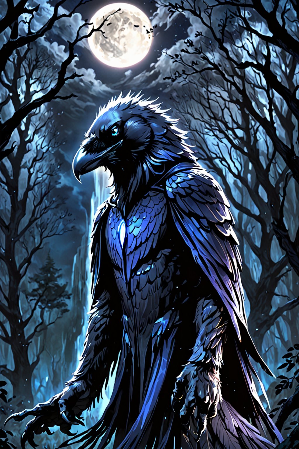 Score_9, Score_9_up,  score_8_up,  score_7_up, score_6_up, score_5_up, A majestic half-man, half-raven creature stands tall in a dark forest at night. The camera zooms in on its face, sharp focus revealing piercing bright blue eyes that seem to glow with an otherworldly intensity. Its raven-headed features are set in a determined expression, with sharp jawline and prominent cheekbones. A flowing black cloak billows behind it like a dark cloud. In the background, twisted tree branches loom large under the moonlight. Black wings sprout from its back, covered in high-detail black feathers that appear as soft as silk. Strong arms end in razor-sharp talons. The subject's grey feather beard catches the faint light, adding an air of mystique to its already formidable presence. SUPERQUALITY, black beak, (grey hair:0.7), black body, black fur, body feathers, body fur, black fur, black feathers, talons, male, masculine, ravens