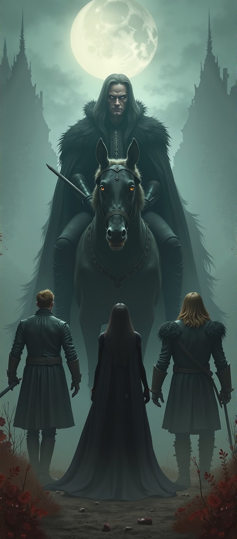 In the eerie fog-shrouded landscape of Barovia,  five men - a dashing young noble with his golden hair tousled and rapier...