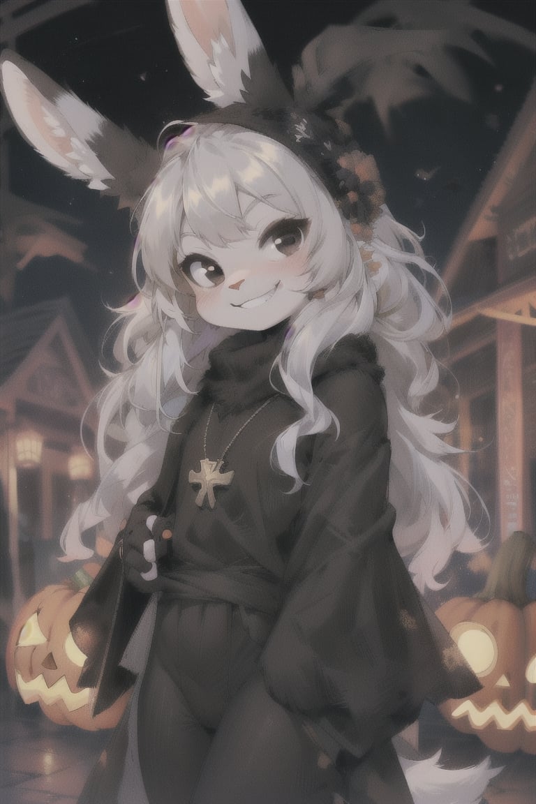 1girl, cute, rabbit furry, rabbit girl,  kemono, chibi, loli. black eyes, smirking, grinning, naughty face, bunny nose. goth girl, wearing black clothes, black head covering, hair covered, black rabbit ears, small white flufy rabbit tail. village square at halloween, pumpkins, jack-o-lantern. 